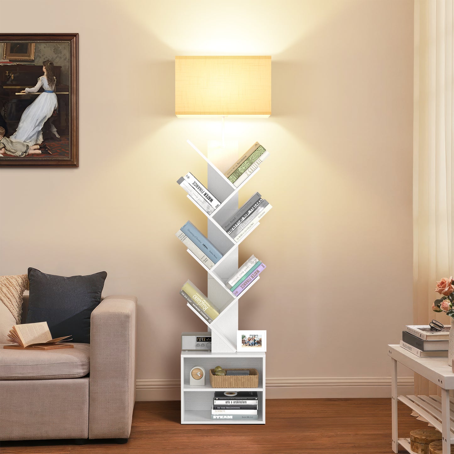OUTONLIFE Floor Lamp with Remote,Tree Bookshelf with Light, 6-Tier Coner Bookcase with Drawer for Living Room Bedroom, Office, White