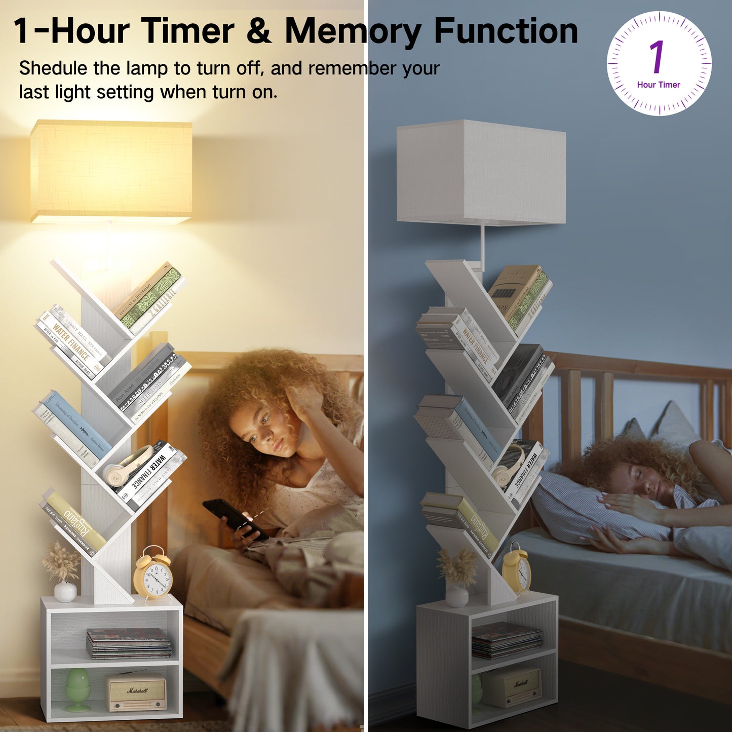 OUTONLIFE Floor Lamp with Remote,Tree Bookshelf with Light, 6-Tier Coner Bookcase with Drawer for Living Room Bedroom, Office, White