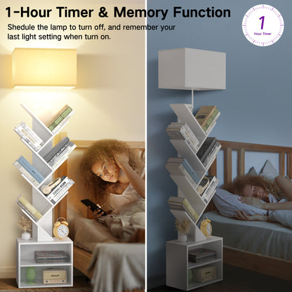 OUTONLIFE Floor Lamp with Remote,Tree Bookshelf with Light, 6-Tier Coner Bookcase with Drawer for Living Room Bedroom, Office, White
