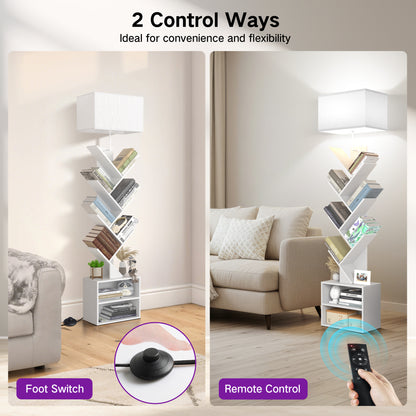 OUTONLIFE Floor Lamp with Remote,Tree Bookshelf with Light, 6-Tier Coner Bookcase with Drawer for Living Room Bedroom, Office, White
