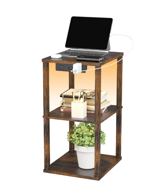 OUTONLIFE End Table with Charging Station, Night Stand with 3 Storage Shelves, Narrow Side Table with USB Ports & Power Outlets, Small Bedside Table for Living Room, Bedroom，Black and Brown