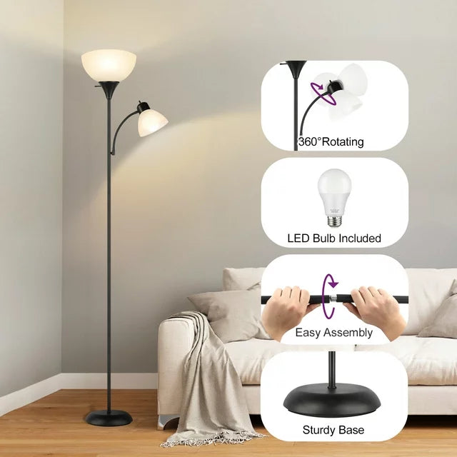 OUTON 71" Torchiere Floor Lamp with Reading Side Light, 3 Color Temperature Modern LED Standing Light for Living Room, Bedroom, Black