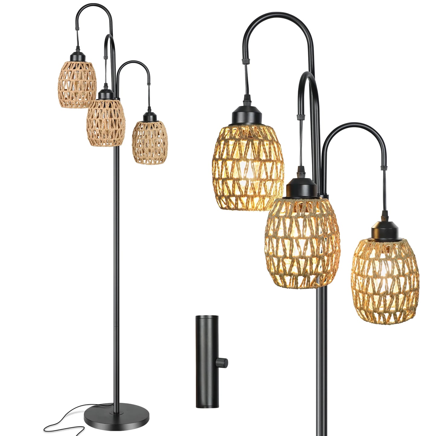 OUTON 69'' 3 Light Tree Floor Lamp with Rattan Lampshade, Dimmable Tall Standing Lamp, Farmhouse Floor Lamp with 3 LED Bulbs for Living Room Bedroom, Boho