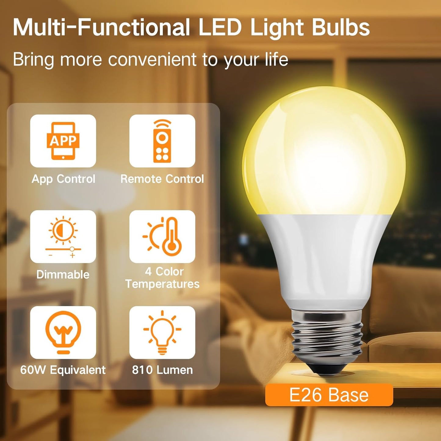 OUTON 2 Pack A19 9W LED Dimmable Light Bulb with APP & Remote Control, E26 Base