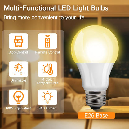 OUTON 2 Pack A19 9W LED Dimmable Light Bulb with APP & Remote Control, E26 Base