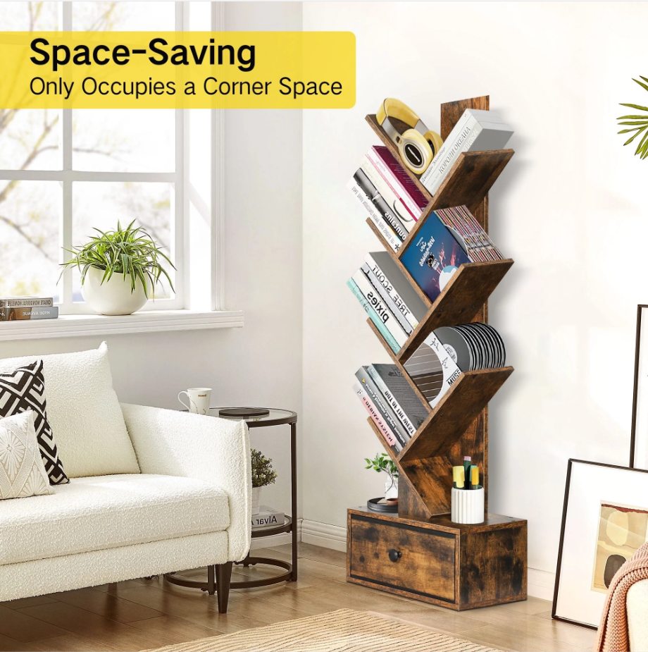 OUTONLIFE Tree Bookcase, 6-Tier Floor Standing Bookshelf with Drawer for Living Room Bedroom, Office