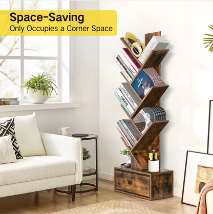 OUTONLIFE Tree Bookcase, 6-Tier Floor Standing Bookshelf with Drawer for Living Room Bedroom, Office