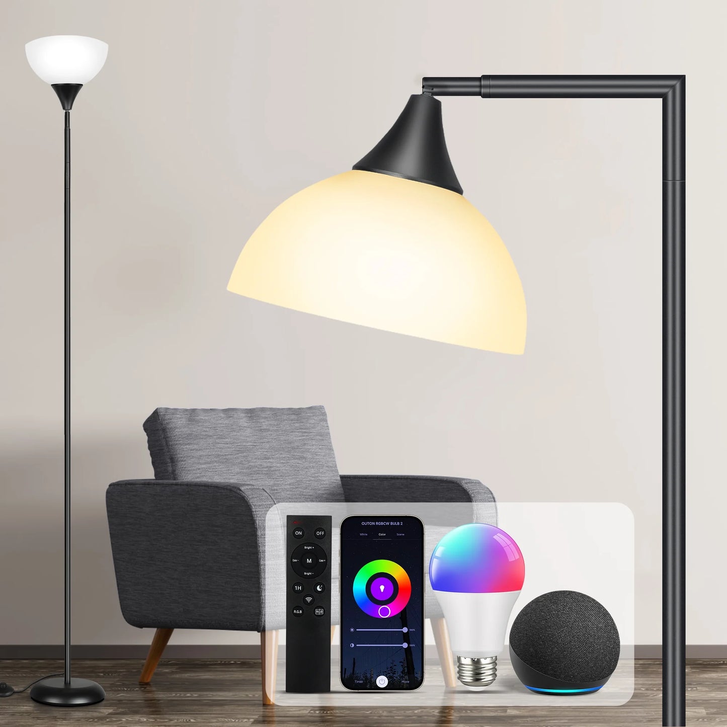 OUTON 72" Torchiere Floor Lamp with Reading Light, Modern Standing Lamp with RGB Adjustable Light for Bedroom Office, Black, LED Bulbs Included