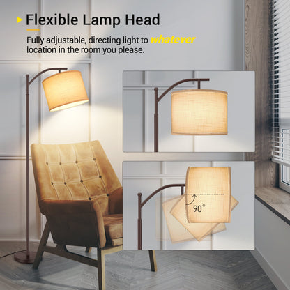 OUTON Arc Floor Lamp 63" Metal Modern LED Standing Lamp with Hanging White Linen Shade for Living Room Brown