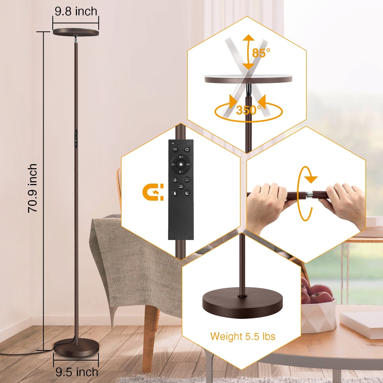 Outon LED Torchiere Floor Lamp with Remote Control Super Bright 4 Color Temperature Dimmable Lamp for Living Room, Brown