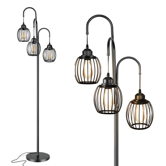 OUTON 69'' Industrial Floor Lamp, 3 Light Tree Floor Lamps with 3 LED Bulbs, Farmhouse Dimmable Tall Standing Lamp for Bedroom, Office, Dining Room, Black