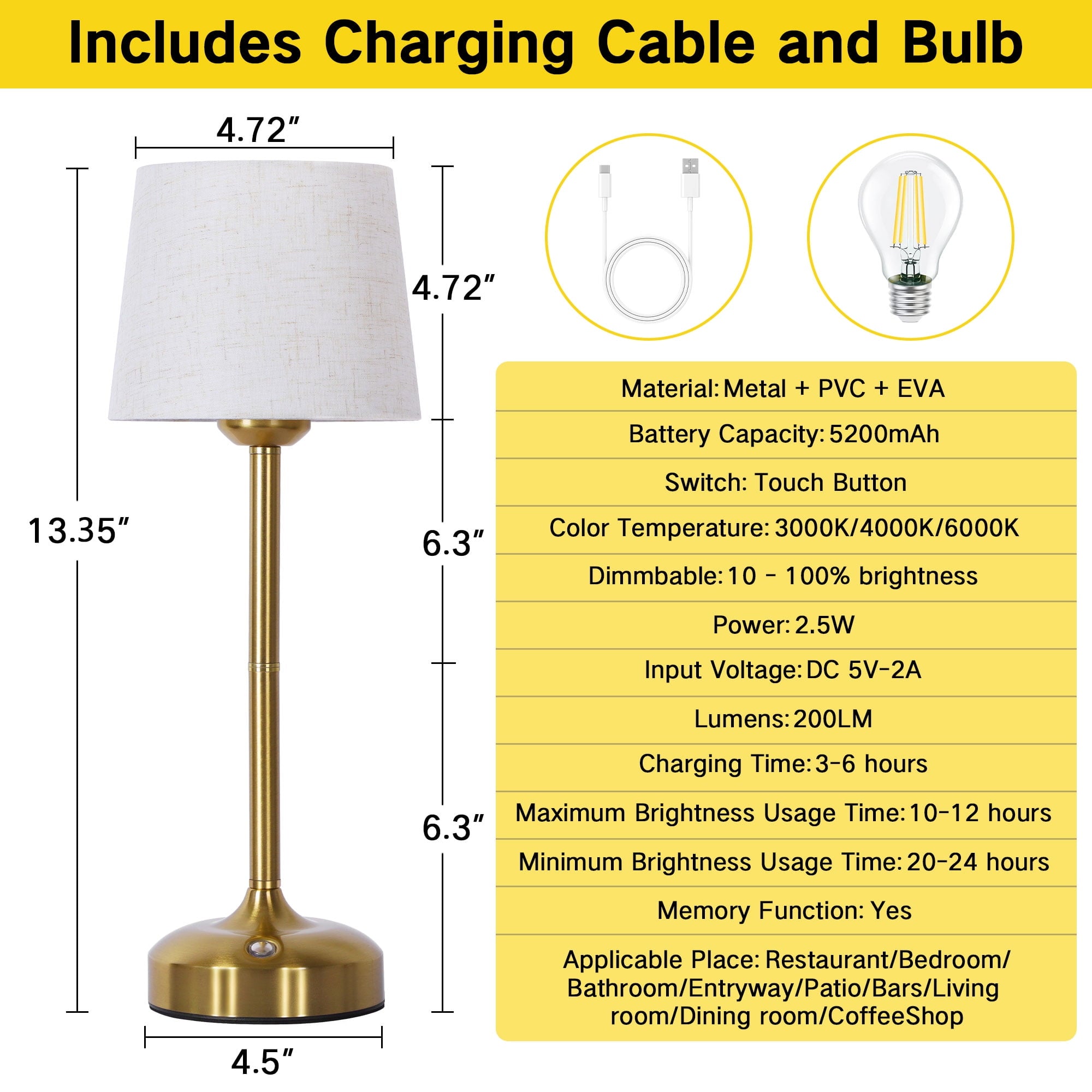 OUTON Touch Control Table Lamp for Living Room, 3-Way Dimmable Nightstand Bedside Lamp with Linen Fabric Shade for Bedroom Office, Gold