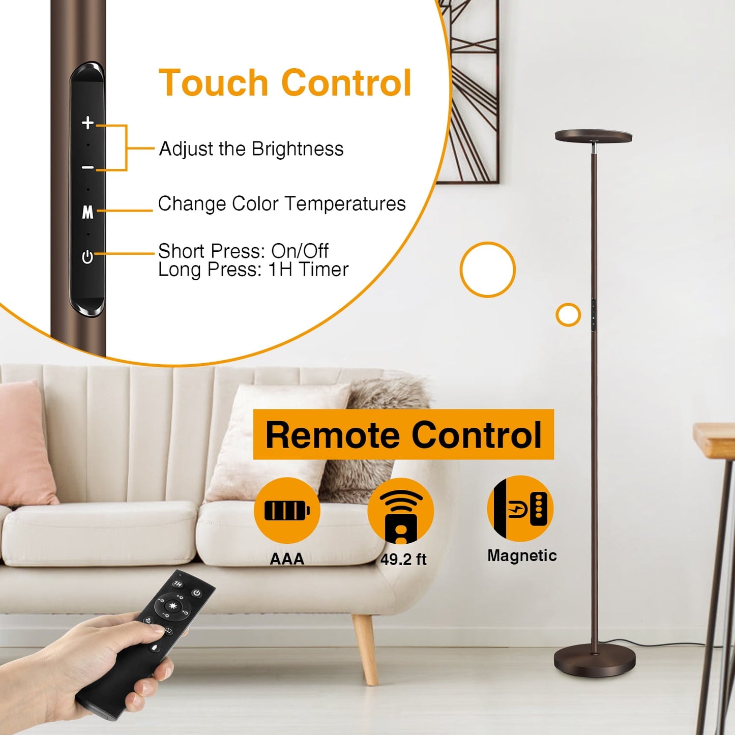 Outon LED Torchiere Floor Lamp with Remote Control Super Bright 4 Color Temperature Dimmable Lamp for Living Room, Brown