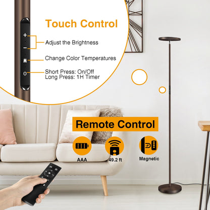 Outon LED Torchiere Floor Lamp with Remote Control Super Bright 4 Color Temperature Dimmable Lamp for Living Room, Brown