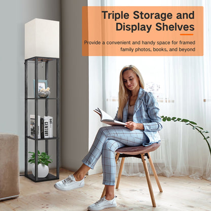 OUTON 63" Floor Lamp with Shelves, 4-Tier Dimmable Shelf Floor Lamp with Remote Control for Living Room, Bedroom- Black
