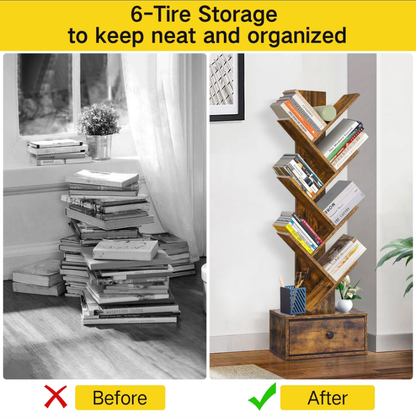 OUTONLIFE Tree Bookcase, 6-Tier Floor Standing Bookshelf with Drawer for Living Room Bedroom, Office