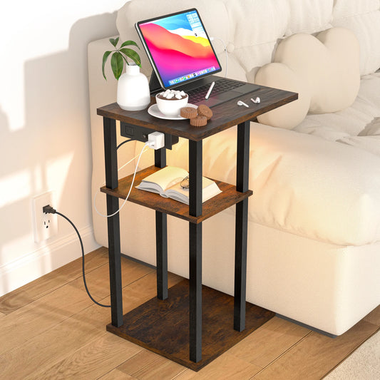 OUTONLIFE C Shaped End Table with Charging Station, Small Side Tables for Small Spaces, Living Room, Bedroom, Sofa Table with USB Ports and Outlets(Black)