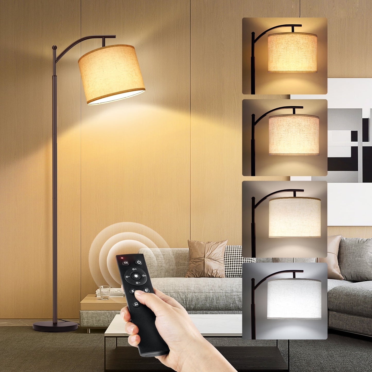OUTON 63" Arc Floor Lamp with Remote Control, Modern Standing Light with Hanging Linen Shade, Metal Floor Lamp for Living Room (Brown)