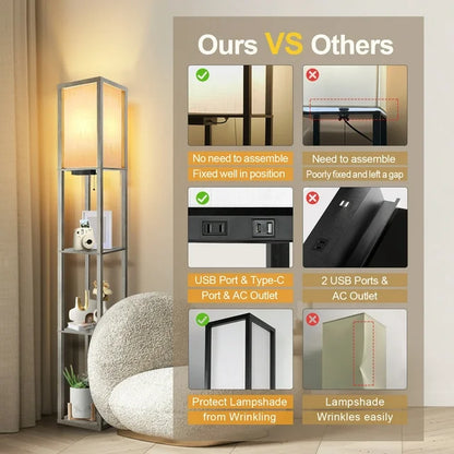 Outon Floor Lamp with Shelves, USB Port, Linen Shade 63.7'' Memory Function Tall LED Wood Shelf Floor Lamp for Living Room, Bedroom(Grey)