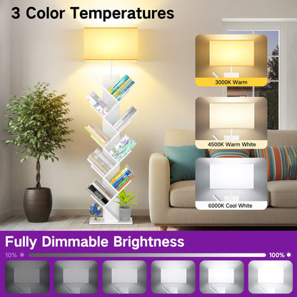 OUTONLIFE Floor Lamp with Remote,Tree Bookshelf with Light, 9-Tier Floor Standing Bookcase for Living Room Bedroom, Office, White