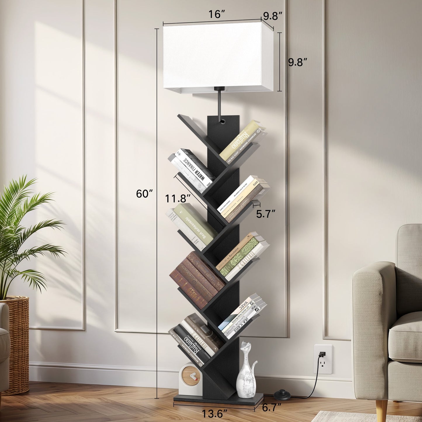 OUTONLIFE Floor Lamp with Remote,Tree Bookshelf with Light, 9-Tier Floor Standing Bookcase for Living Room Bedroom, Office,Black
