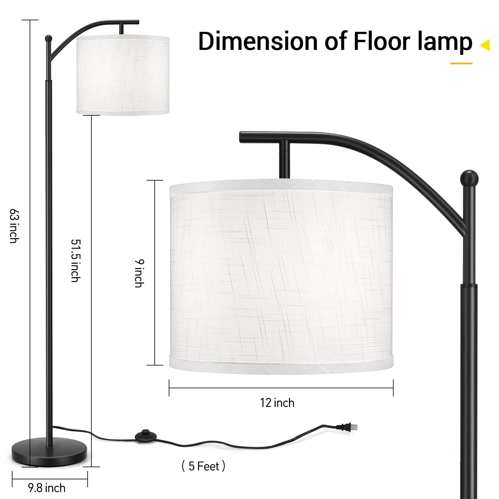 OUTON 63" Floor Lamp with 3CCT LED Bulb, Modern Standing Lamp with Hanging Linen Shade, Metal Floor Lamp for Living Room, Bedroom(Black)