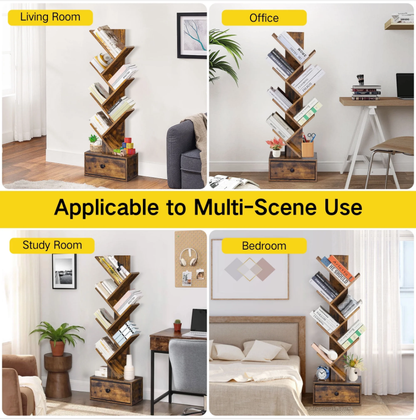 OUTONLIFE Tree Bookcase, 6-Tier Floor Standing Bookshelf with Drawer for Living Room Bedroom, Office