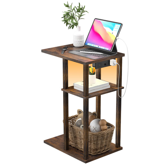 OUTONLIFE C Shaped End Table with Charging Station, Small Side Tables for Small Spaces, Living Room, Bedroom, Sofa Table with USB Ports and Outlets(Brown)
