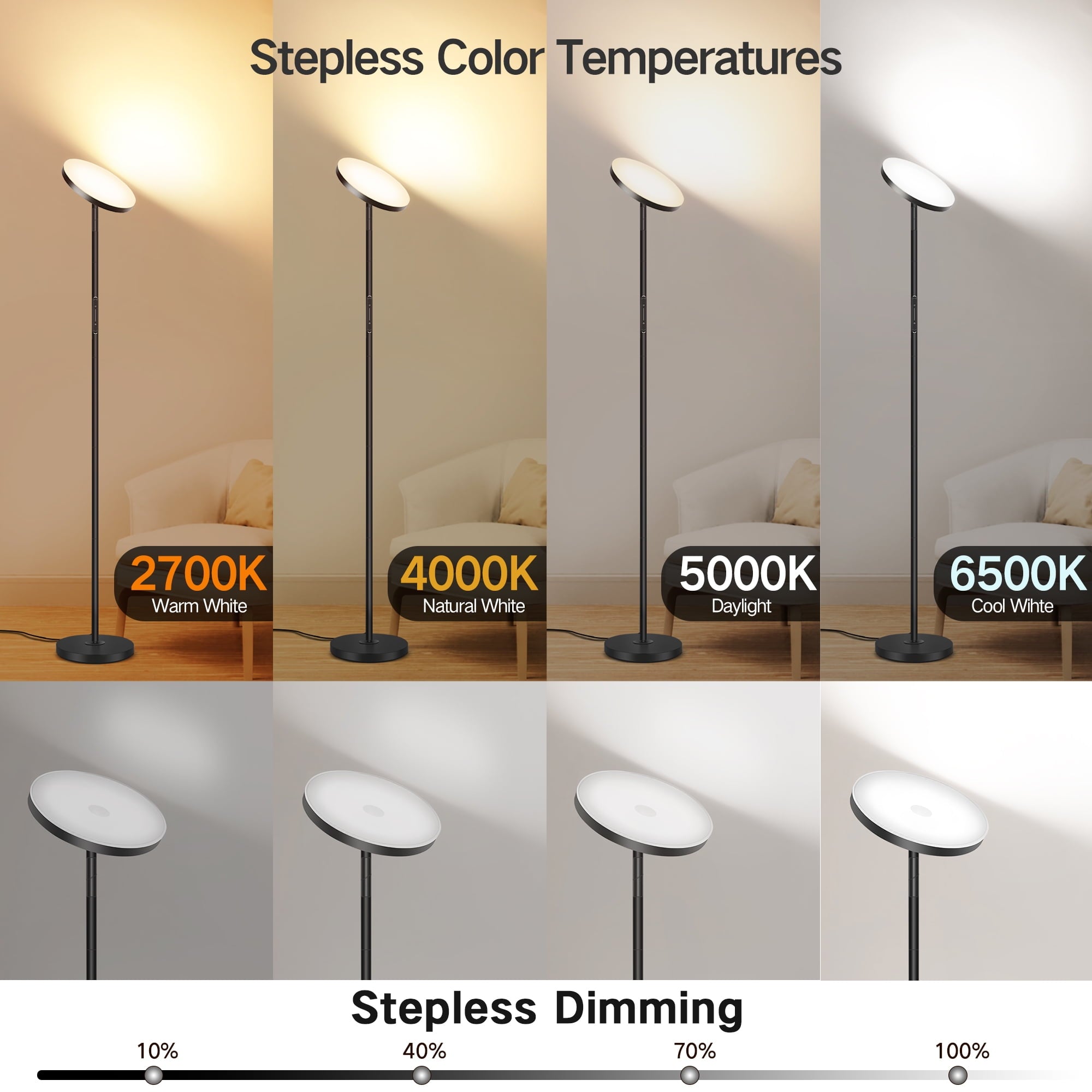 OUTON 70'' LED Floor Lamp, 30W Torchiere Super Bright Reading Floor Lamp for Living Room with Stepless Adjustable 2700K-6500K Colors&Dimmer, Remote&Touch Control