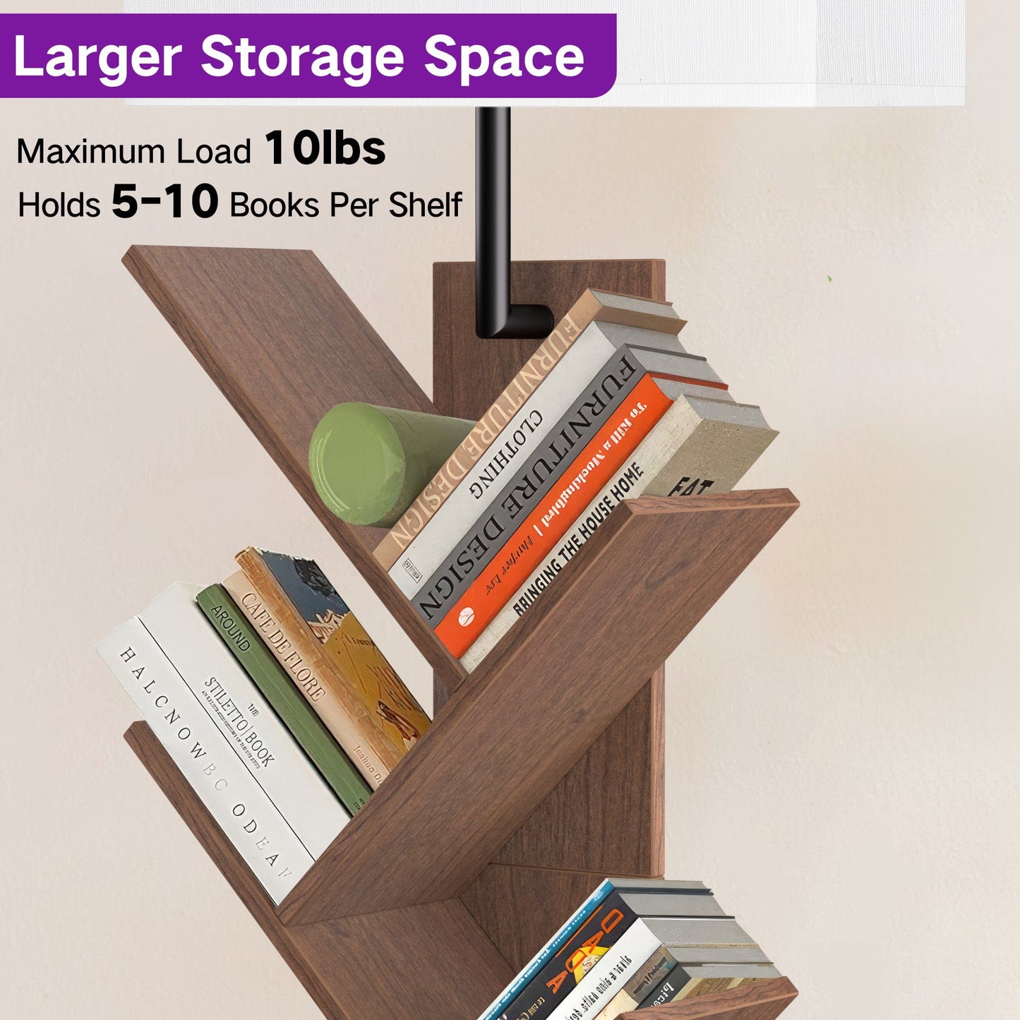OUTONLIFE Tree Bookshelf with Light, 6-Tier Floor Standing Bookcase with Drawer for Living Room Bedroom, Office, Walnut