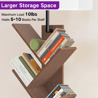 OUTONLIFE Tree Bookshelf with Light, 6-Tier Floor Standing Bookcase with Drawer for Living Room Bedroom, Office, Walnut
