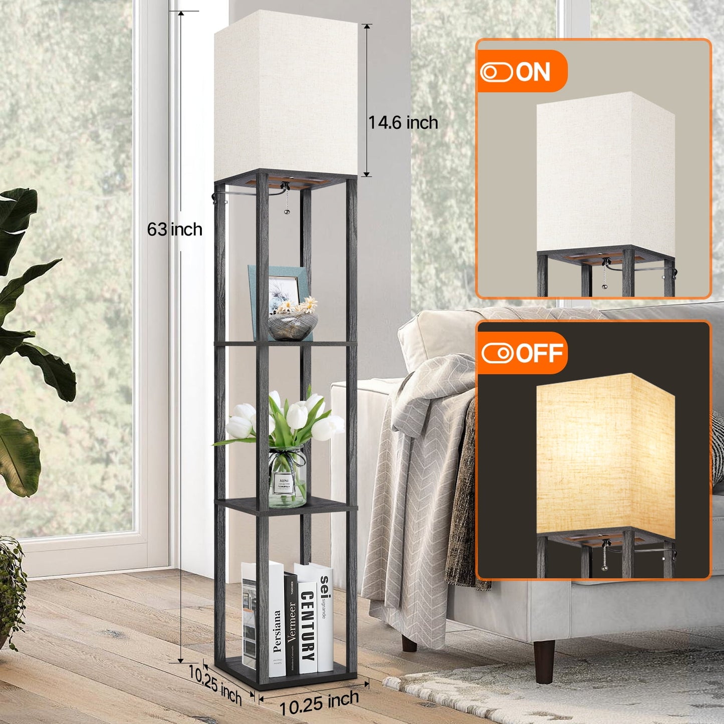 OUTON 63" Shelf Floor Lamp, 4-Tier Dimmable Standing Lamp with Remote Control for Bedroom, Living Room- Vintage