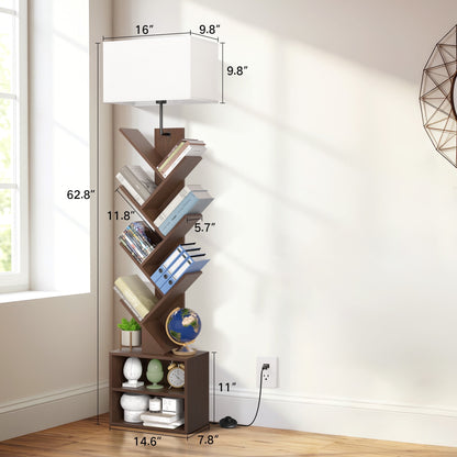 OUTONLIFE Tree Bookshelf with Light, 6-Tier Floor Standing Bookcase with Drawer for Living Room Bedroom, Office, Walnut