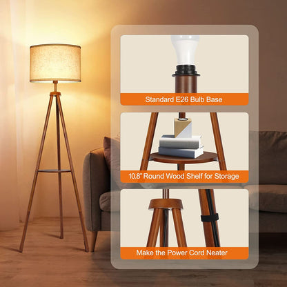 OUTON 63" Dimmable Tripod Floor Lamp Wood with Shelf Remote Control