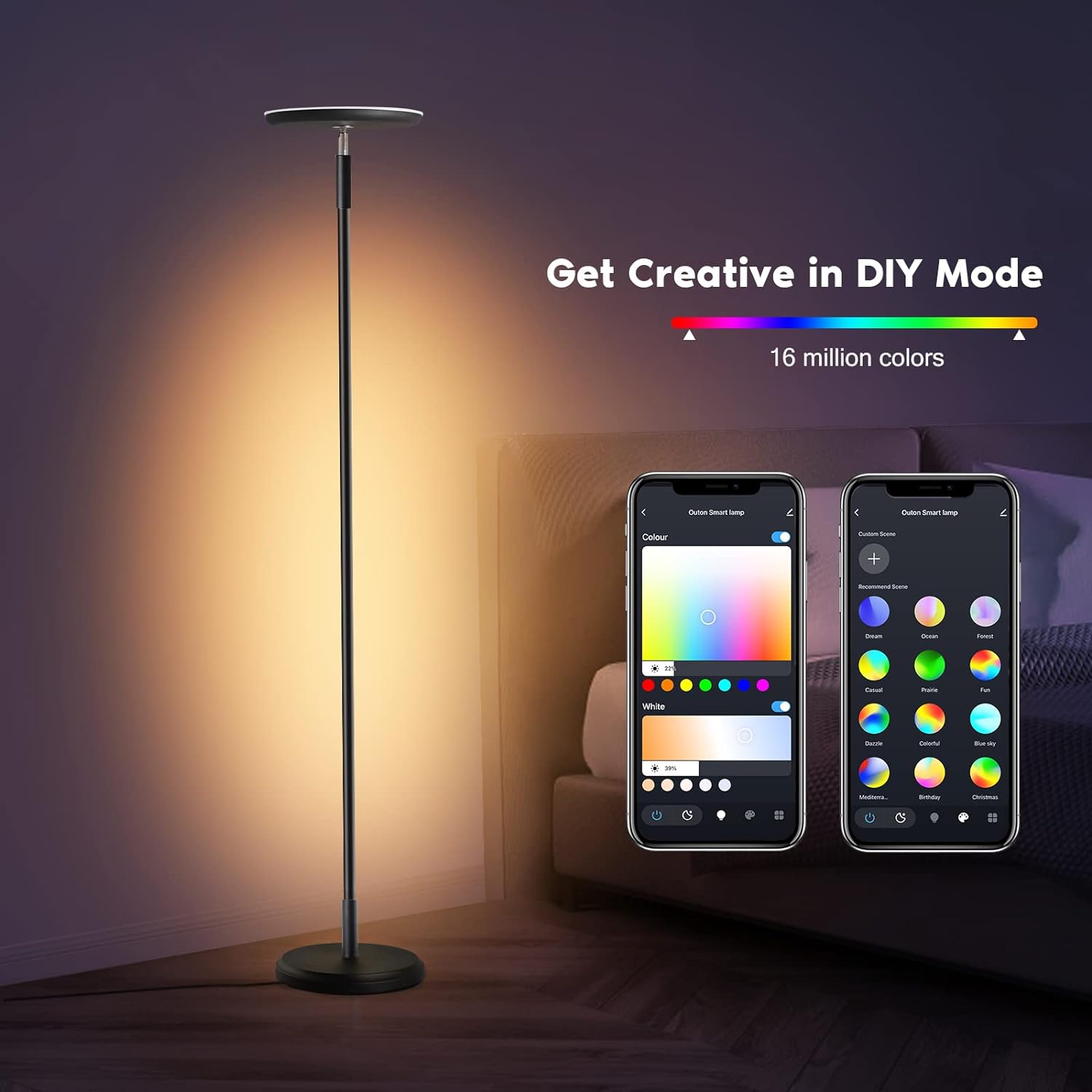 OUTON S1 Floor Lamp, 2-in-1 Smart RGBIC Corner Lamp & 30W/3000LM Bright LED Torchiere Floor Lamp, WiFi-App Control, 16 Million DIY Colors, Music Sync, Standing lamp for Living Room Bedroom Gaming Room
