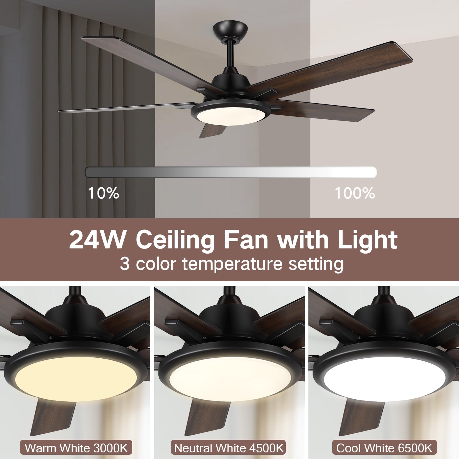 OUTON 52" Ceiling Fans with Lights & Remote Control, LED Indoor Outdoor Dimmable Modern Ceiling Fan for Bedroom, Living Room