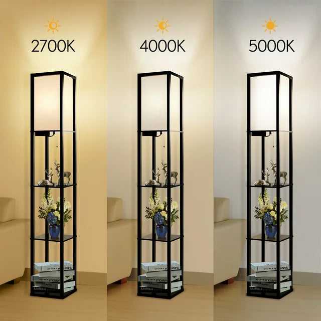 Outon Floor Lamp with Shelves, USB Port, 63.7'' Linen Shade Memory Function Shelf Floor Lamp Tall Wood Standing Floor Lamps for Living Room, Bedroom（Black）