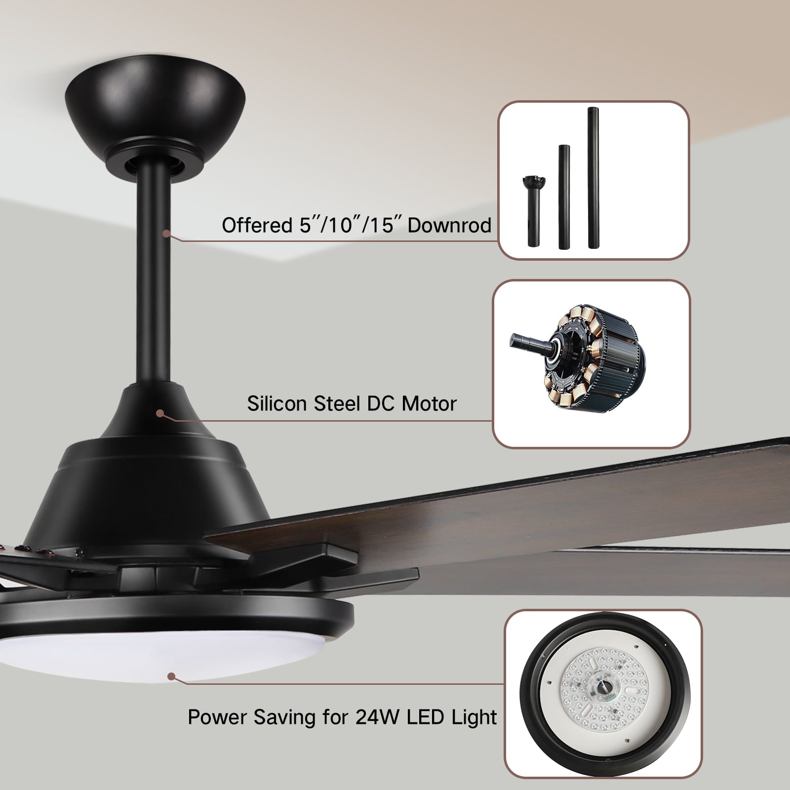 OUTON 52" Ceiling Fans with Lights & Remote Control, LED Indoor Outdoor Dimmable Modern Ceiling Fan for Bedroom, Living Room