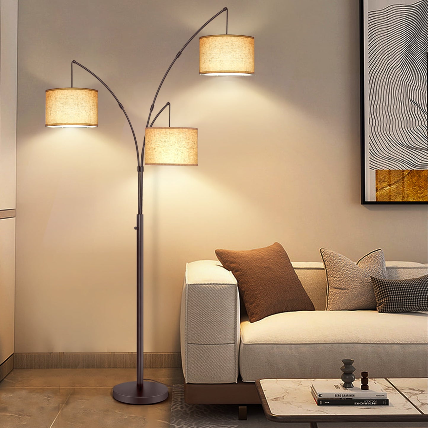 OUTON 3 Light Floor Lamp, 80" Mordern Standing Lamp with Linen Lamp Shade, Arc Floor Lamp for Living Room, Bedroom, Office, 3 Bulbs Includes(Black)