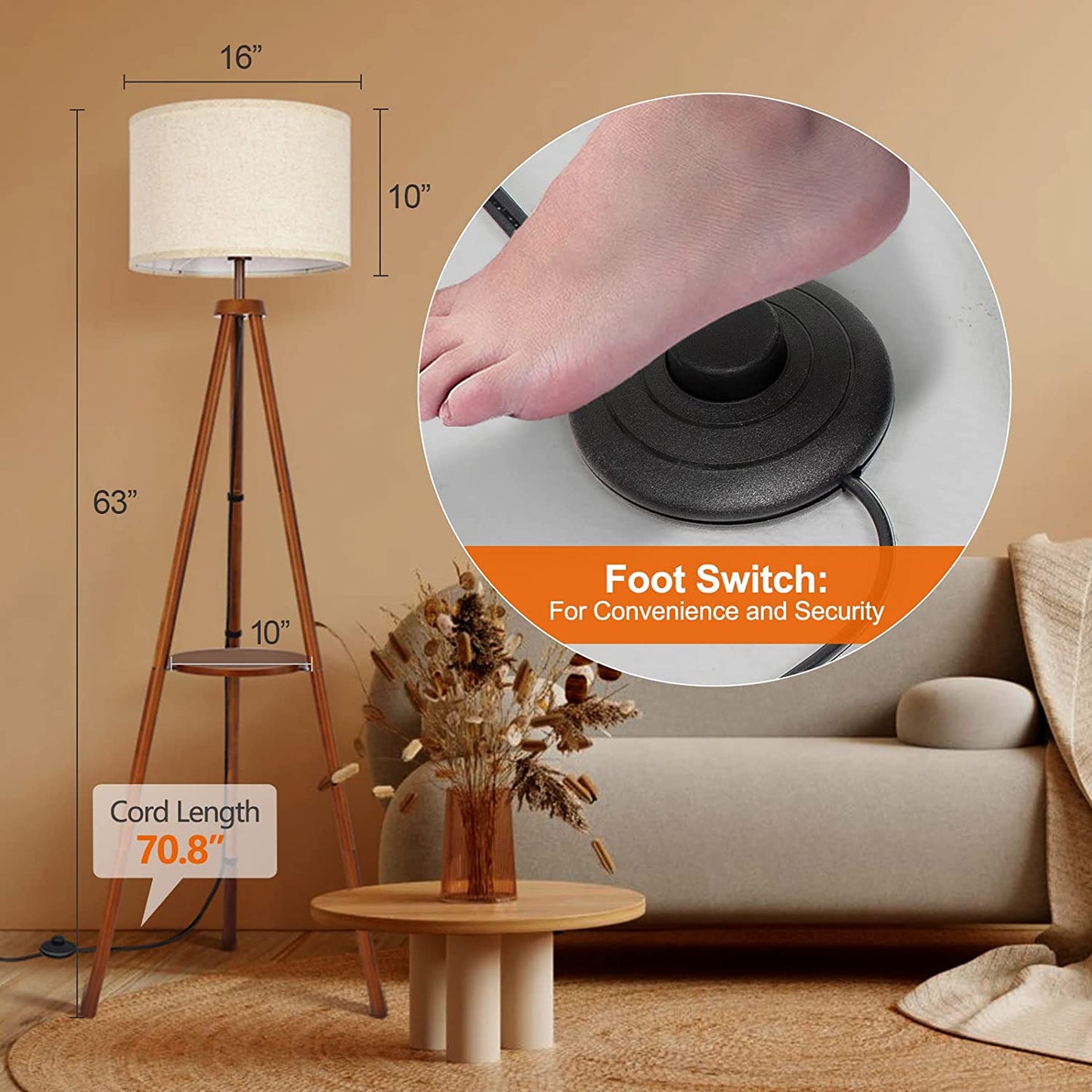 OUTON 63" Dimmable Tripod Floor Lamp Wood with Shelf Remote Control