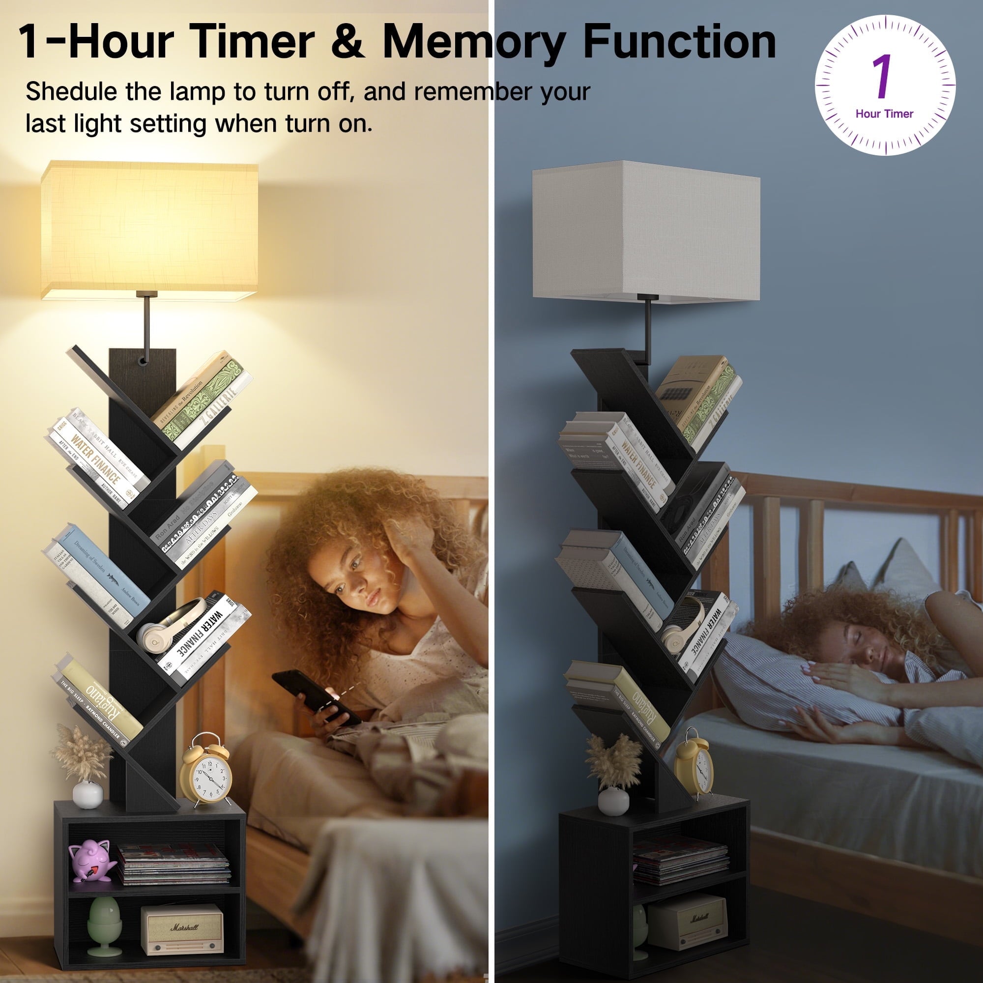 OUTONLIFE Floor Lamp with Remote,Tree Bookshelf with Light, 6-Tier Coner Bookcase with Drawer for Living Room Bedroom, Office, Black