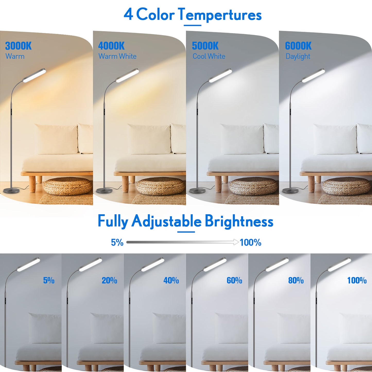 OUTON 15W LED Reading Floor Lamp with Remote & Touch Control-4 Color Temperature