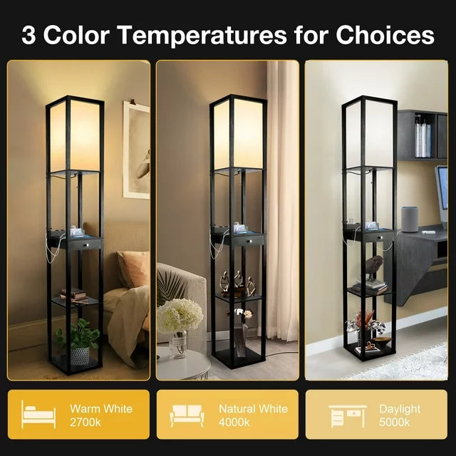 Outon Floor Lamp with Shelves, with USB Ports & Power Outlet Standing Lamp, Tall LED with Linen Shade Wood Shelf Floor Lamps for Living Room, Bedroom