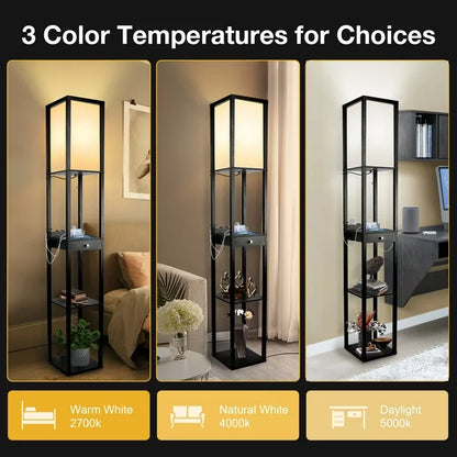 Outon Floor Lamp with Shelves, with USB Ports & Power Outlet Standing Lamp, Tall LED with Linen Shade Wood Shelf Floor Lamps for Living Room, Bedroom