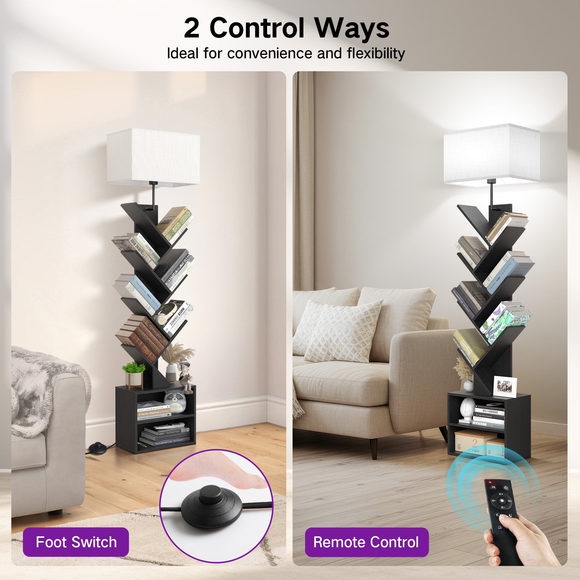 OUTONLIFE Floor Lamp with Remote,Tree Bookshelf with Light, 6-Tier Coner Bookcase with Drawer for Living Room Bedroom, Office, Black