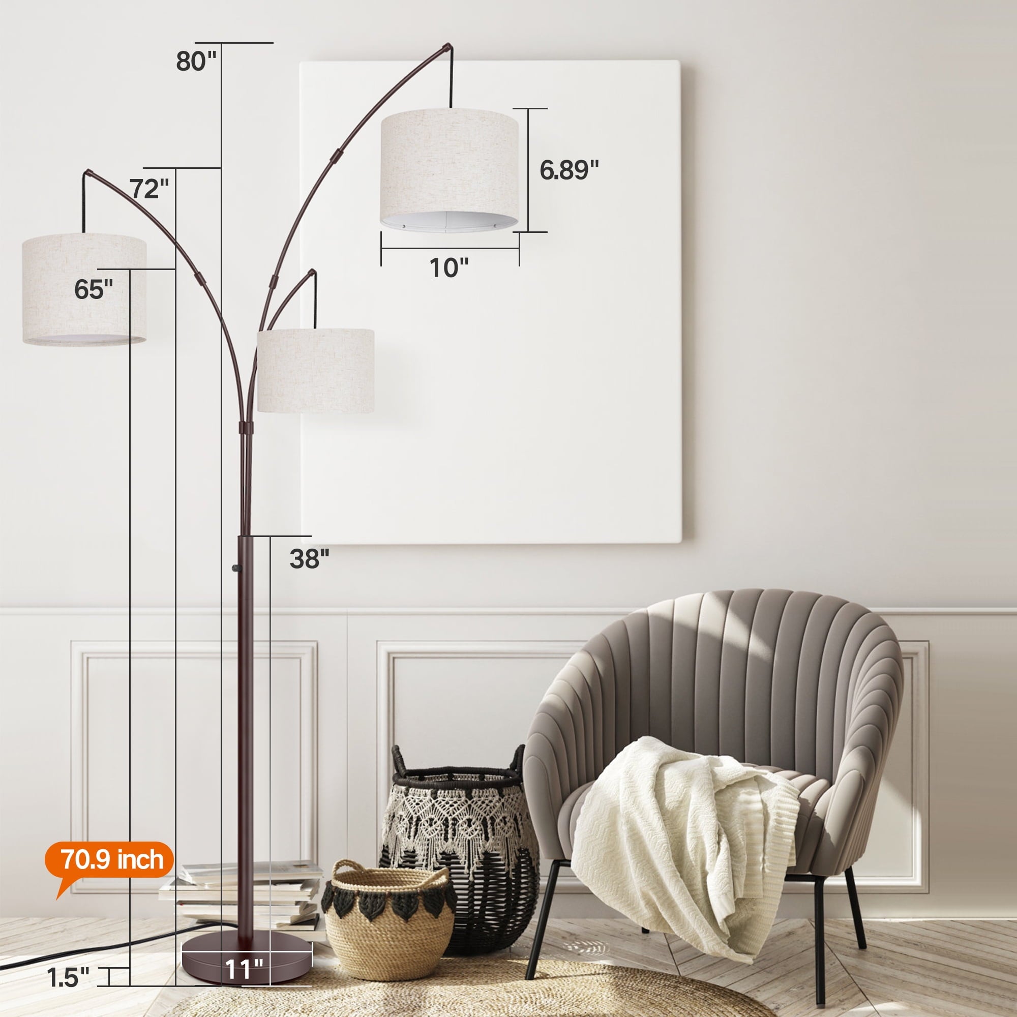 OUTON 80" Mordern Floor Lamp, 3 Light Arc Standing Lamp with Linen Lamp Shade for Living Room, Bedroom, 3 Bulbs Includes(Brown)
