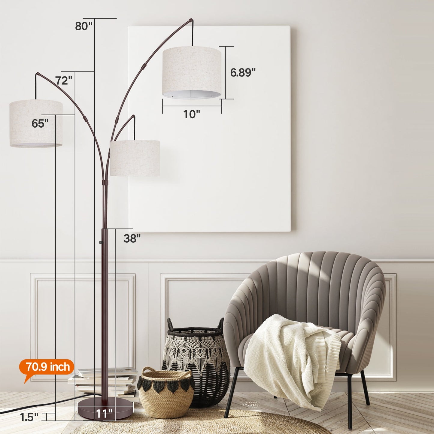 OUTON 3 Light Floor Lamp, 80" Mordern Standing Lamp with Linen Lamp Shade, Arc Floor Lamp for Living Room, Bedroom, Office, 3 Bulbs Includes(Black)