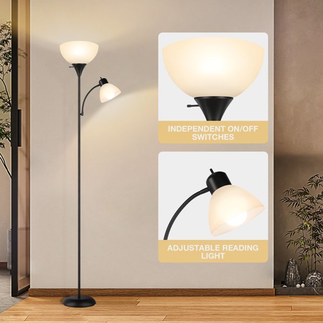 OUTON 71" Torchiere Floor Lamp with Reading Side Light, 3 Color Temperature Modern LED Standing Light for Living Room, Bedroom, Black