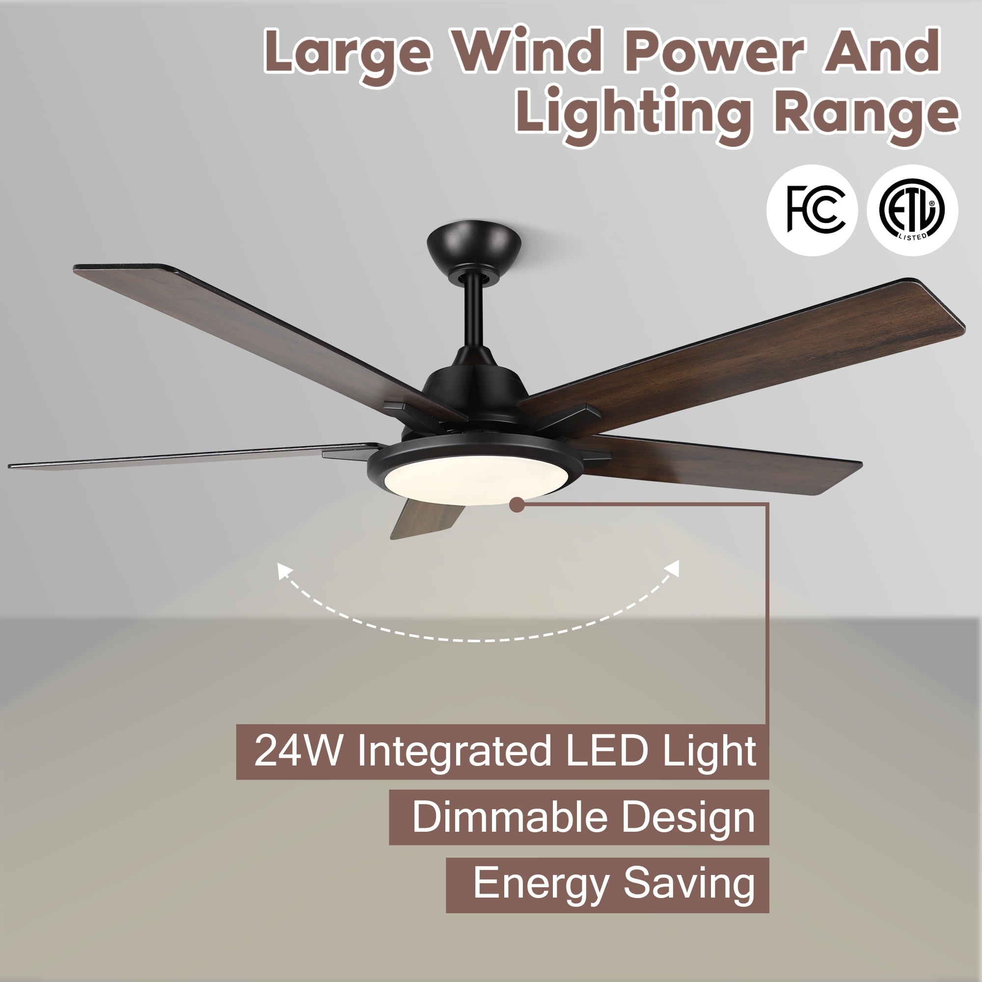 OUTON 52" Ceiling Fans with Lights & Remote Control, LED Indoor Outdoor Dimmable Modern Ceiling Fan for Bedroom, Living Room