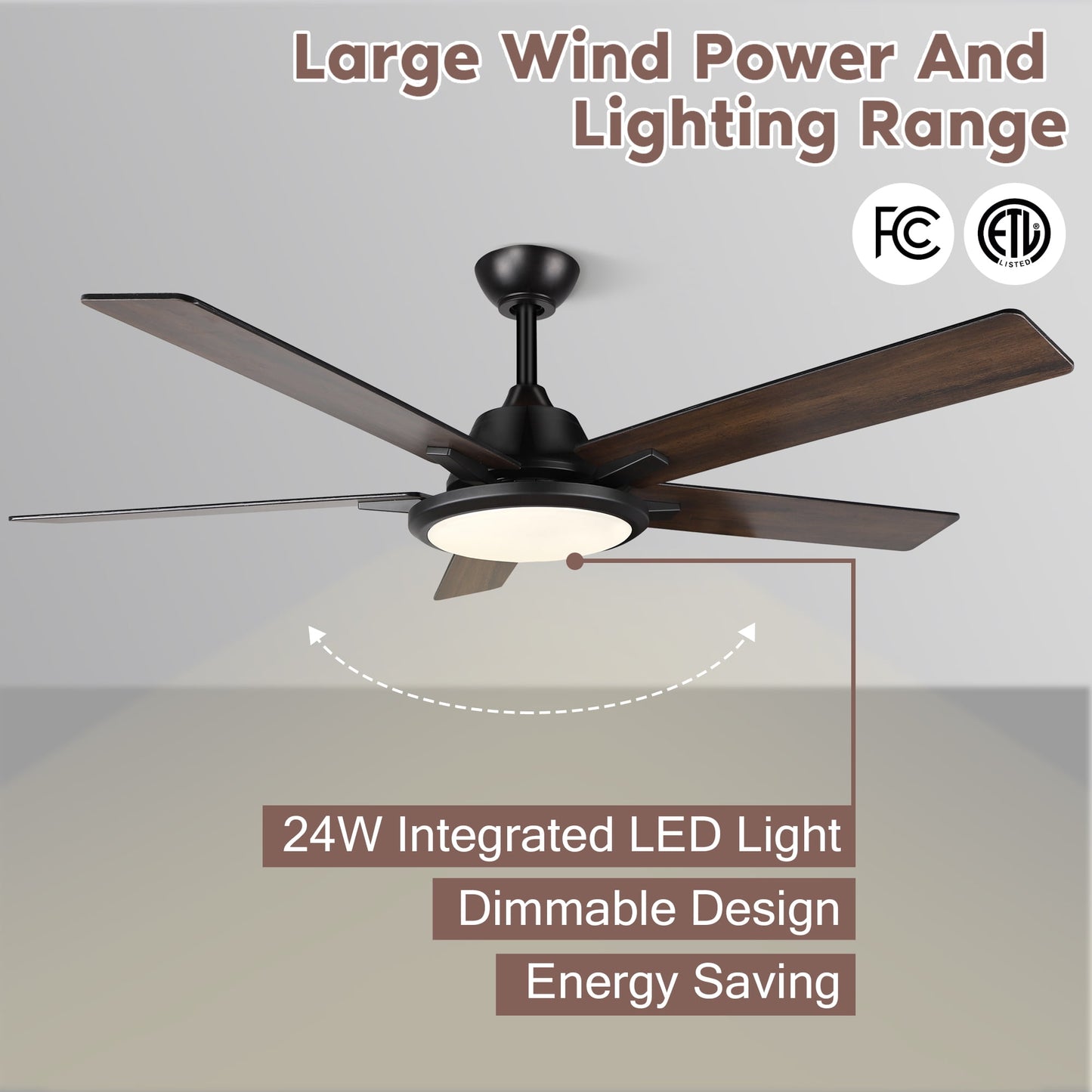 OUTON 52" Ceiling Fans with Lights & Remote Control, LED Indoor Outdoor Dimmable Modern Ceiling Fan for Bedroom, Living Room
